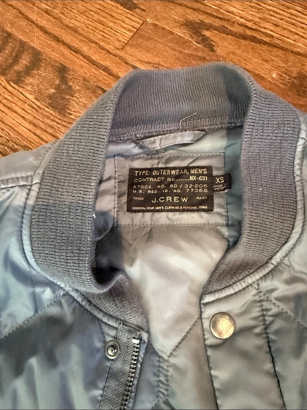 NWOT J. Crew men’s Quilted Bomber Jacket in slate blue/ grey - xs